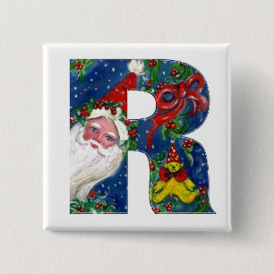 CHRISTMAS R LETTER / SANTA  RED RIBBON MONOGRAM 15 CM SQUARE BADGE
