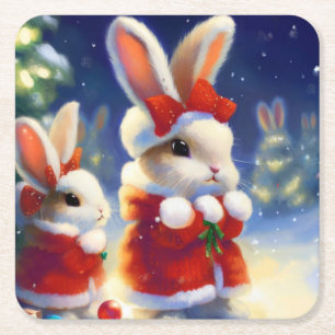 Christmas Rabbit 3 Square Paper Coaster