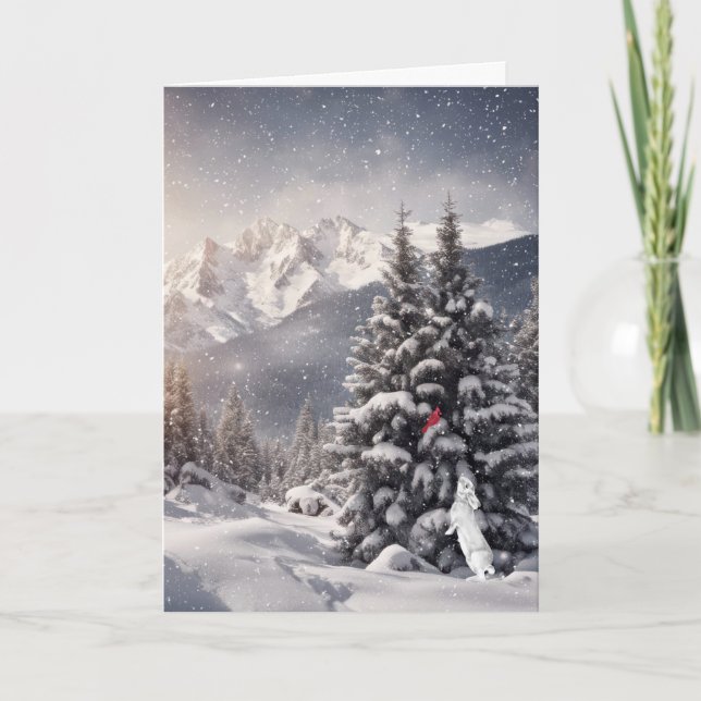 Christmas Rabbit And Cardinals In Snowflakes Card (Front)