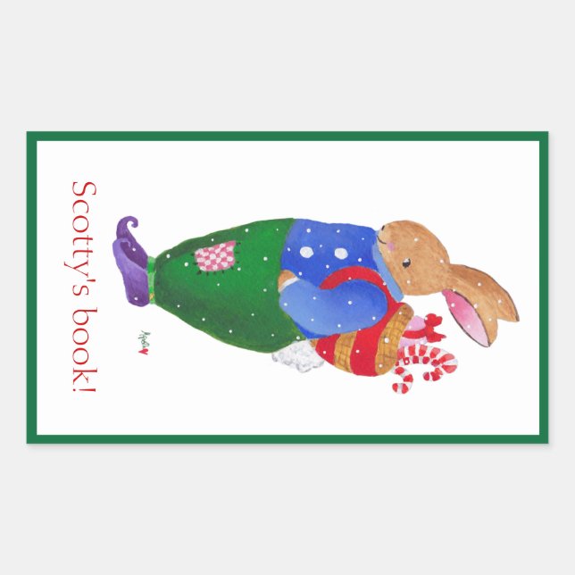 Christmas Rabbit bookplate Rectangular Sticker (Front)