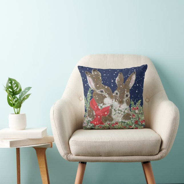 Christmas Rabbit Bunny Snow Holiday Cute Painting Cushion (Chair)