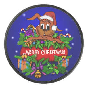 Christmas Rabbit Hockey Puck