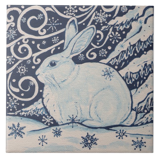 Christmas Rabbit Navy Blue Snow Snowflake Painting Tile (Front)