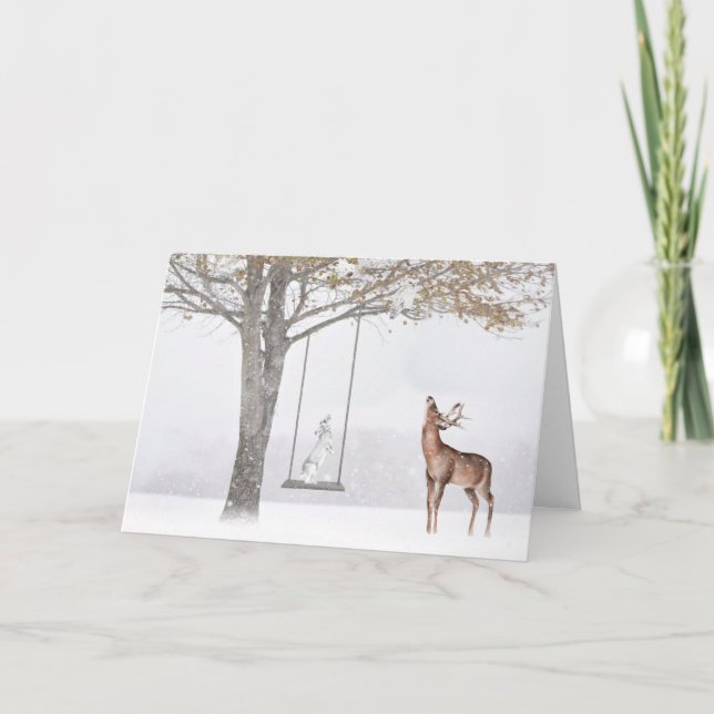 Christmas Rabbit on Tree On Winter Swing  Card (Front)