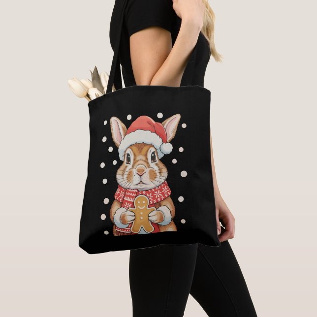 Christmas Rabbit Santa Hat Gingerbread Cookie Tote Bag (Close Up)