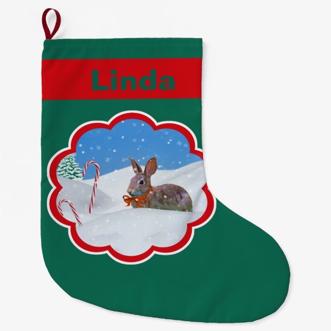 Christmas, Rabbit, Snow, Candy Canes, Name Large Christmas Stocking (Front)