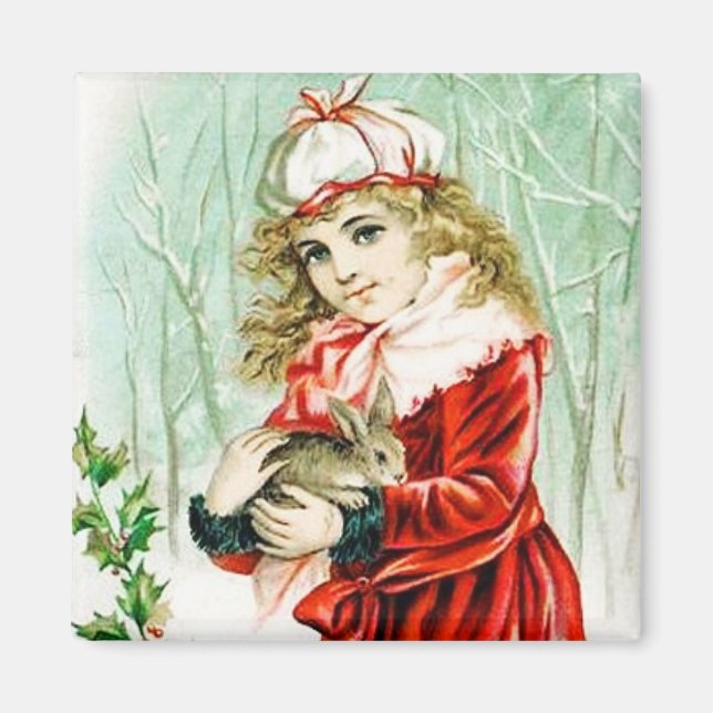 Christmas Rabbit Vintage Magnet (Front)
