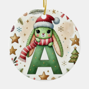 Christmas Rabbit with Letter A - Watercolor holida Ceramic Tree Decoration