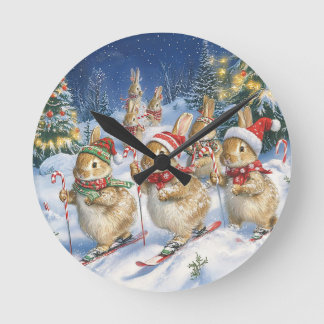 Christmas rabbits skiing in the winter forest round clock