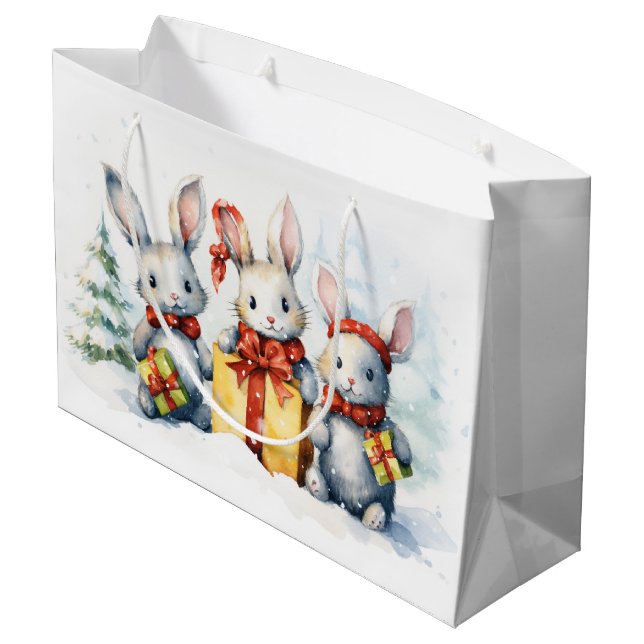 Christmas Rabbits With Gifts Large Gift Bag (Back Angled)