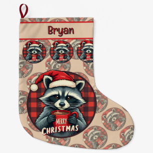 Christmas Raccoon Cocoa Cheer Large Christmas Stocking