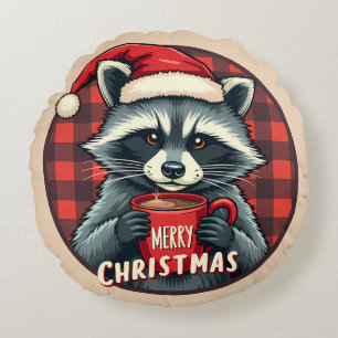 Christmas Raccoon Cocoa Cheer Round Cushion