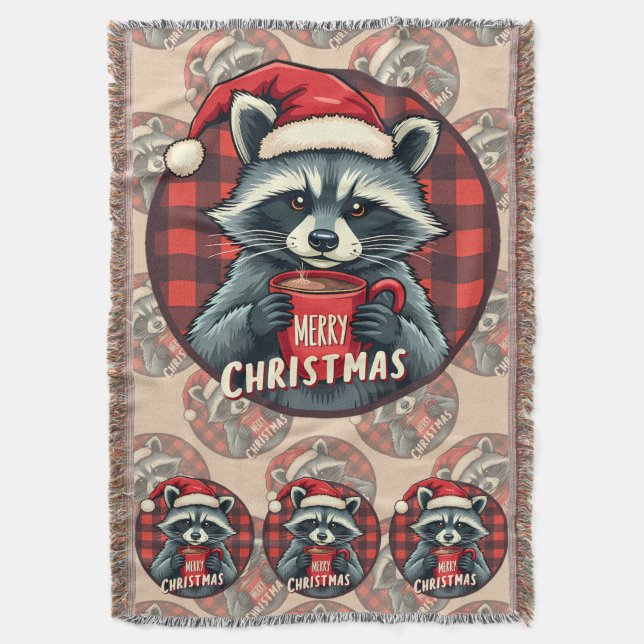 Christmas Raccoon Cocoa Cheer Throw Blanket (Front Vertical)