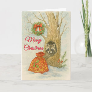 Christmas Raccoon Watercolor Kids  Holiday Card