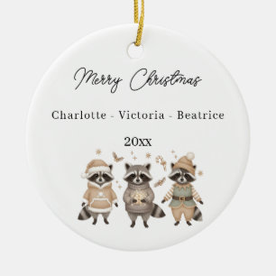 Christmas Raccoons Friends Watercolor Ceramic Tree Decoration