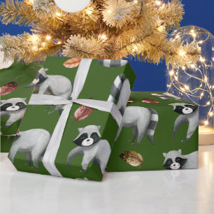 Christmas Raccoons   Green Wrapping Paper