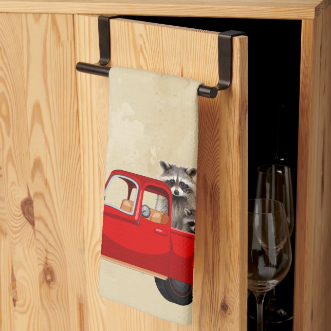 Christmas Raccoons in a Red Truck Tea Towel (Thirds Fold)