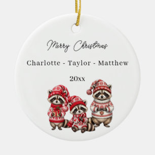 Christmas Raccoons Siblings Kids Watercolor Ceramic Tree Decoration