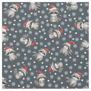 Christmas Raccoons & Snowflakes on Dark Gray-Blue Fabric