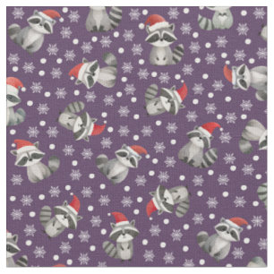 Christmas Raccoons & Snowflakes on Dark Purple Fabric