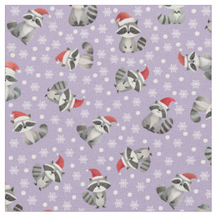 Christmas Raccoons & Snowflakes on Light Purple Fabric