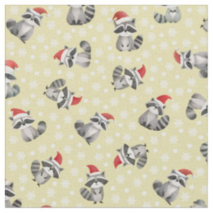 Christmas Raccoons & Snowflakes on Light Yellow Fabric