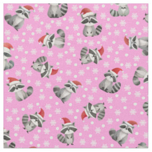 Christmas Raccoons & Snowflakes on Pink Fabric
