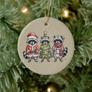 Christmas Raccoons Woodland Trio Santa Tree Animal Ceramic Tree Decoration