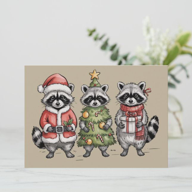 Christmas Raccoons Woodland Trio Santa Tree Animal Holiday Card (Standing Front)