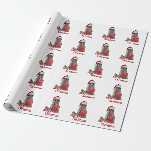 Christmas Racoon Bandit - Merry Christmas Wrapping Paper (Unrolled)