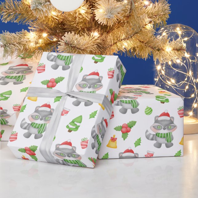Christmas Racoon, Berries, Presents  Wrapping Paper (Holidays)