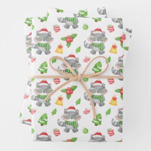 Christmas Racoon, Berries, Presents  Wrapping Paper Sheet