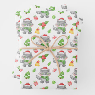 Christmas Racoon, Berries, Presents Wrapping Paper Sheet