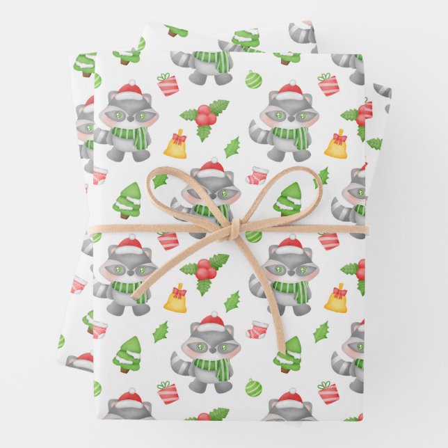 Christmas Racoon, Berries, Presents  Wrapping Paper Sheet (In situ)