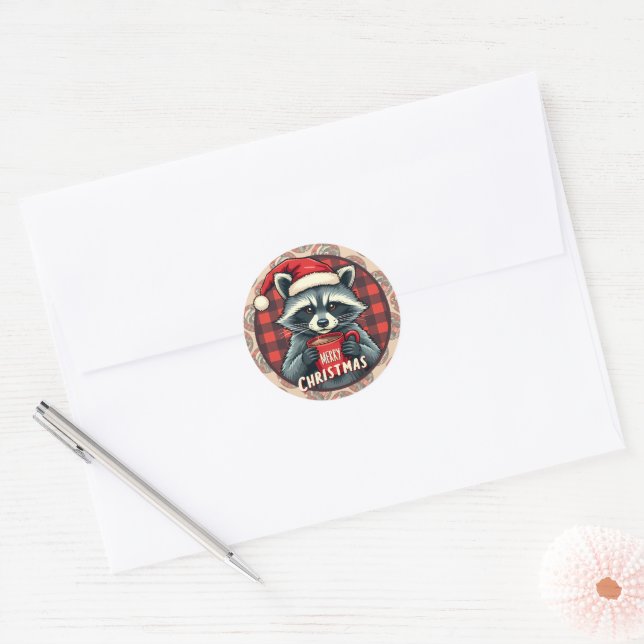 Christmas Racoon Cocoa Cheer Classic Round Sticker (Envelope)