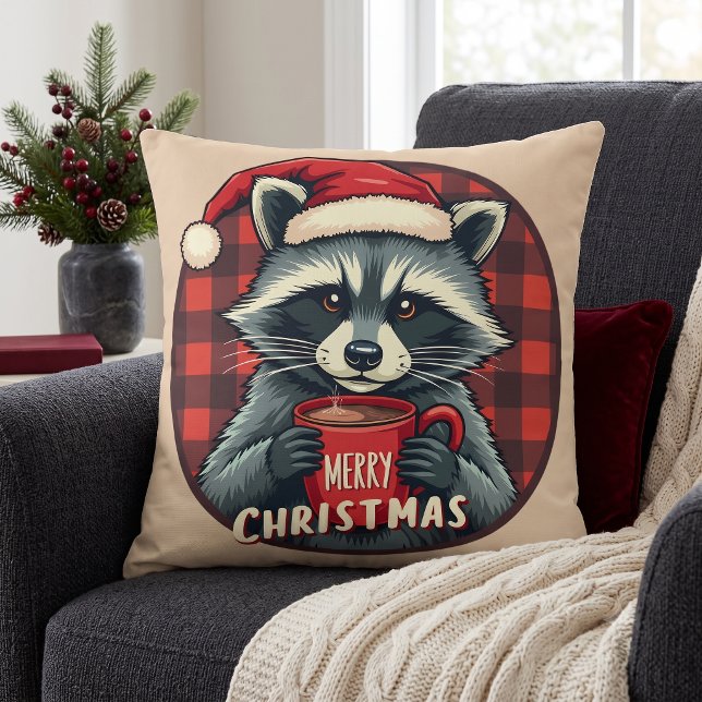 Christmas Racoon Cocoa Cheer Cushion (Christmas Raccoon Cocoa Cheer Throw Pillow)