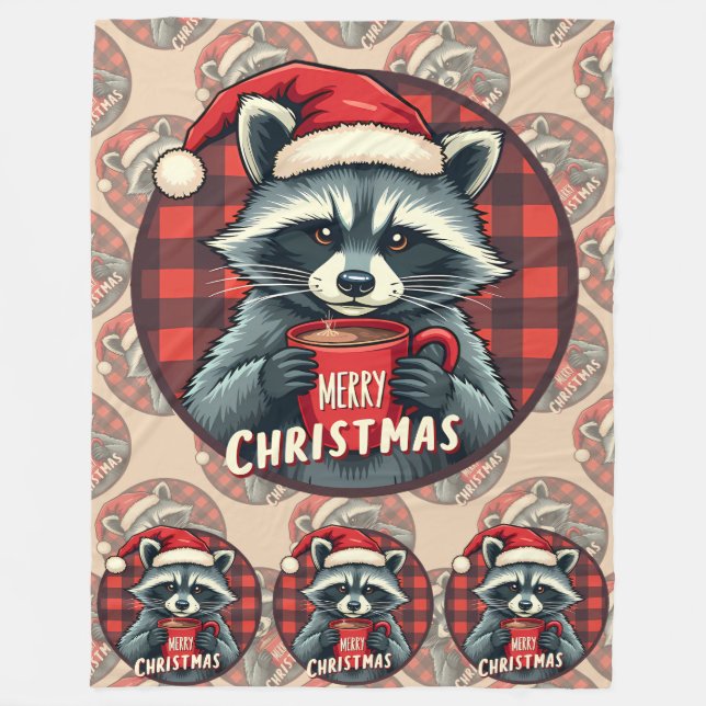 Christmas Racoon Cocoa Cheer Fleece Blanket (Front)