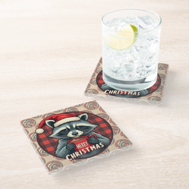 Christmas Racoon Cocoa Cheer Glass Coaster (Angled)