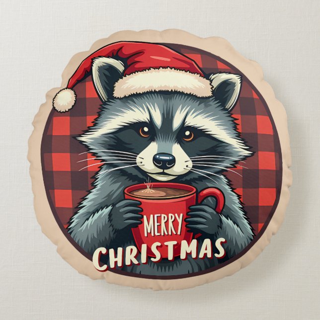 Christmas Racoon Cocoa Cheer Round Cushion (Front)