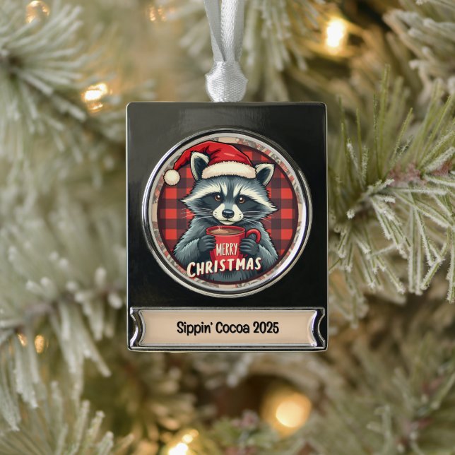 Christmas Racoon Cocoa Cheer Silver Plated Banner Ornament (Tree)