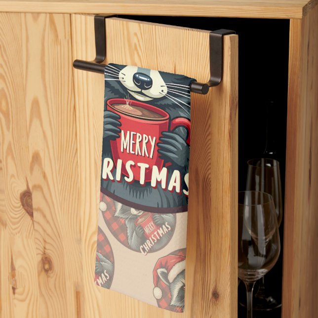 Christmas Racoon Cocoa Cheer Tea Towel (Thirds Fold)