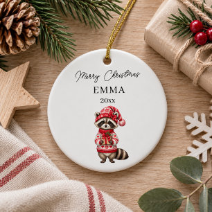 Christmas Racoon Girl Watercolor Name Ceramic Tree Decoration