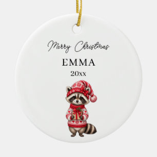 Christmas Racoon Girl Watercolor Name Ceramic Tree Decoration