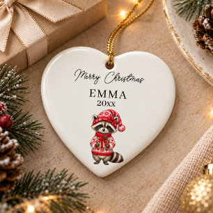Christmas Racoon Girl Watercolor Name Heart Ceramic Tree Decoration