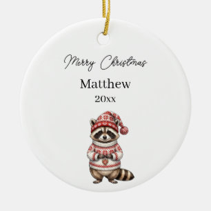 Christmas Racoon Photo Watercolor Name Boy Ceramic Tree Decoration