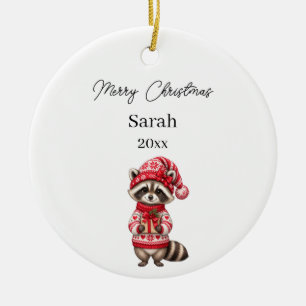 Christmas Racoon Photo Watercolor Name Girl Ceramic Tree Decoration
