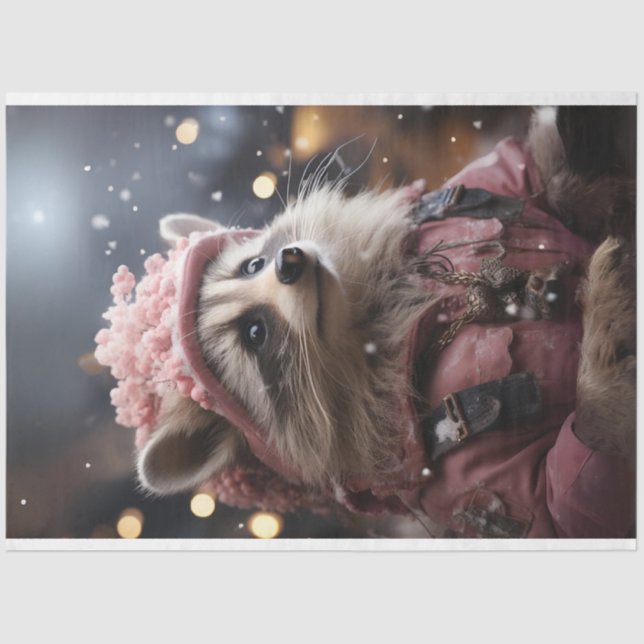 Christmas Racoon Pink Jacket R.Facing Decoupage Tissue Paper (Front)