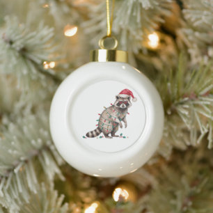 Christmas Racoon Santa Hat Lights Heart Glasses Ceramic Ball Christmas Ornament