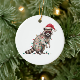 Christmas Racoon Santa Hat Lights Heart Glasses Ceramic Tree Decoration