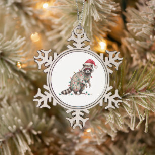 Christmas Racoon Santa Hat Lights Heart Glasses Snowflake Pewter Christmas Ornament